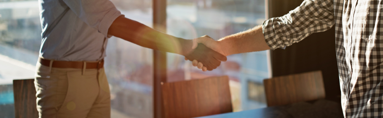 two people shaking hands in office