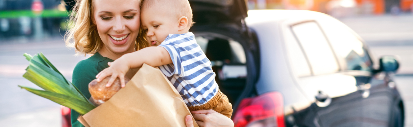 mother and son at grocery store